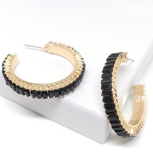 2/$35🖤 Anthropologie Gold Plated Black Baguette Hoop Earrings D16